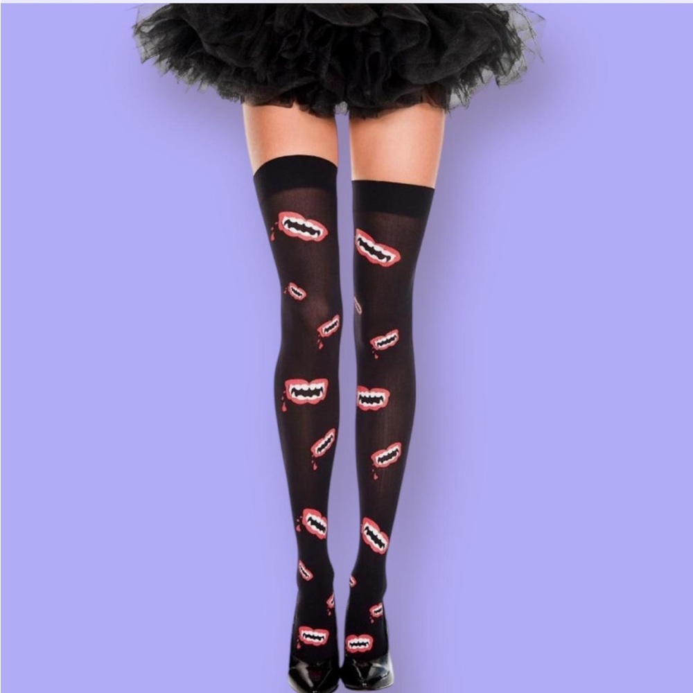 Monsters Mouth Print thigh high Halloween Stockings 4288